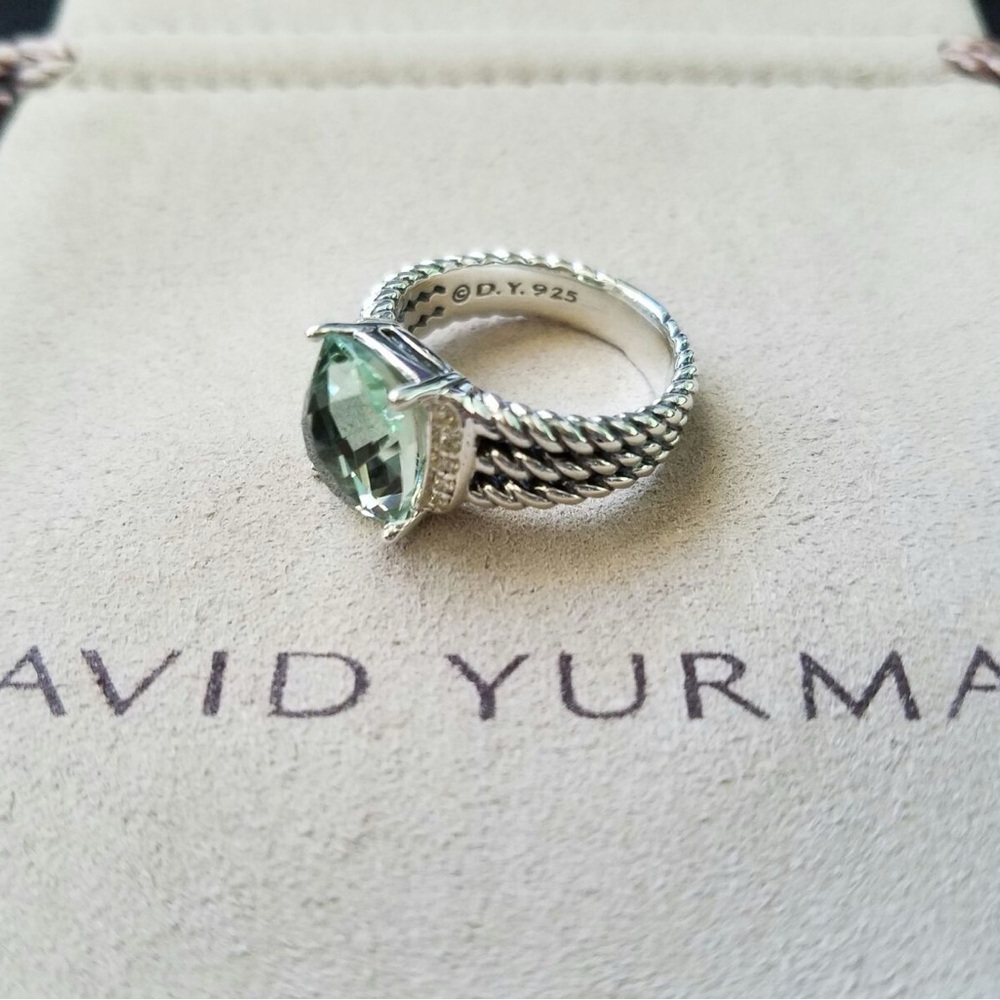David Yurman Silver Cable Ring with Light Green Cushion Gem - Picture 2 of 5